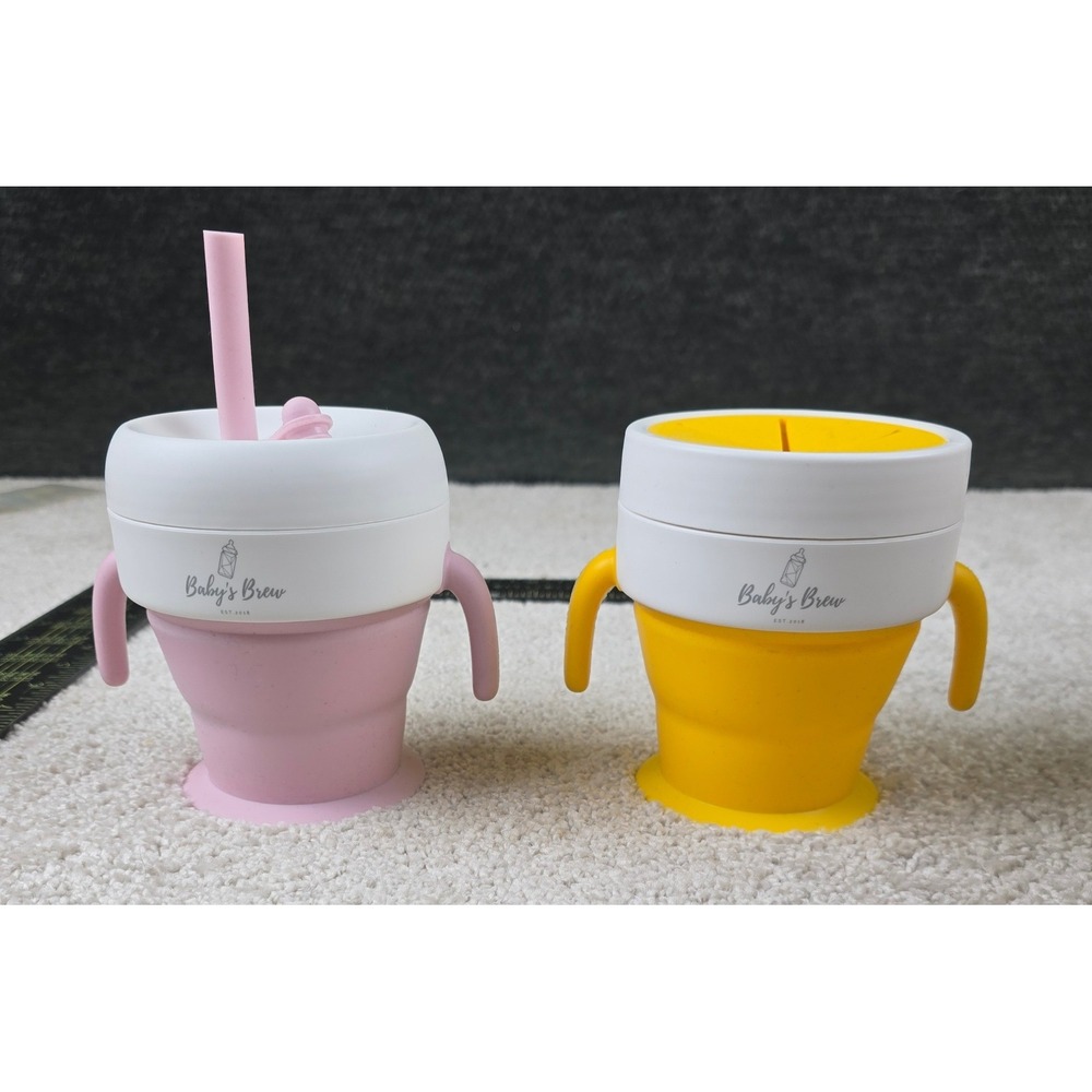 Baby's Brew Collapsible Snack and Sip Cups Pink Yellow Silicone Set of 2
